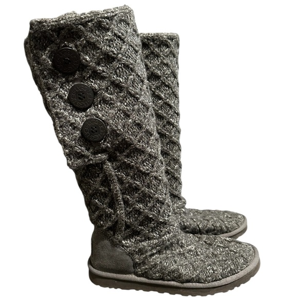 UGG Lattice Cardy Shearling Footbed Gray Knit Sweater Tall Boot Women 8 US 3066 - Picture 1 of 9